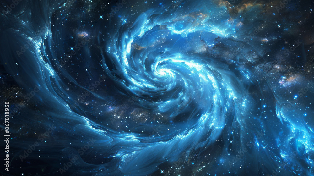 galaxy in sky blue and black, featuring spirals and clusters of stars.
