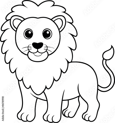 A lion is standing in the foreground of a white background