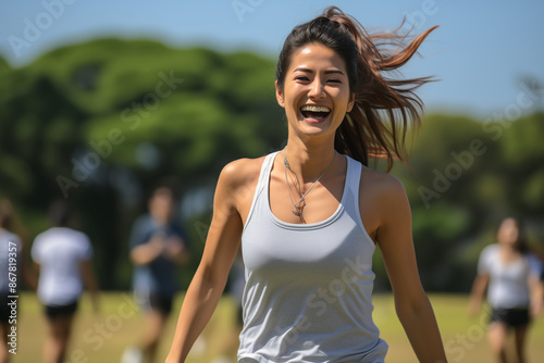 Une femme souriante, coureuse et athlète, fait son footing estival dans un parc, profitant de la nature et d'un mode de vie actif et sain. photo