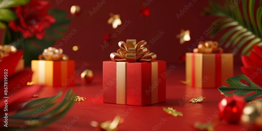 Festive red background with gift boxes. Happy New Year and Merry Christmas Festive red background with gift boxes. Happy New Year and Merry Christmas