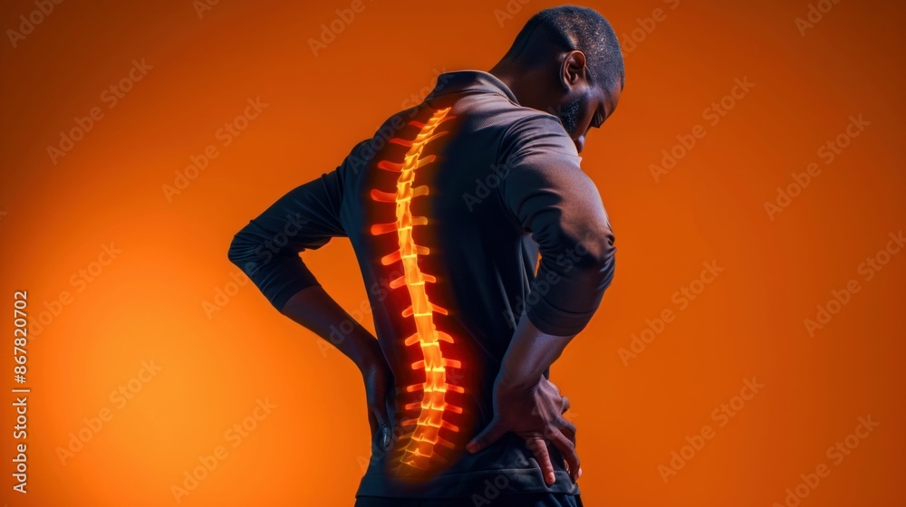 Man with Highlighted Spine Experiencing Back Pain. Generative ai. Man with Highlighted Spine Experiencing Back Pain. Generative ai.