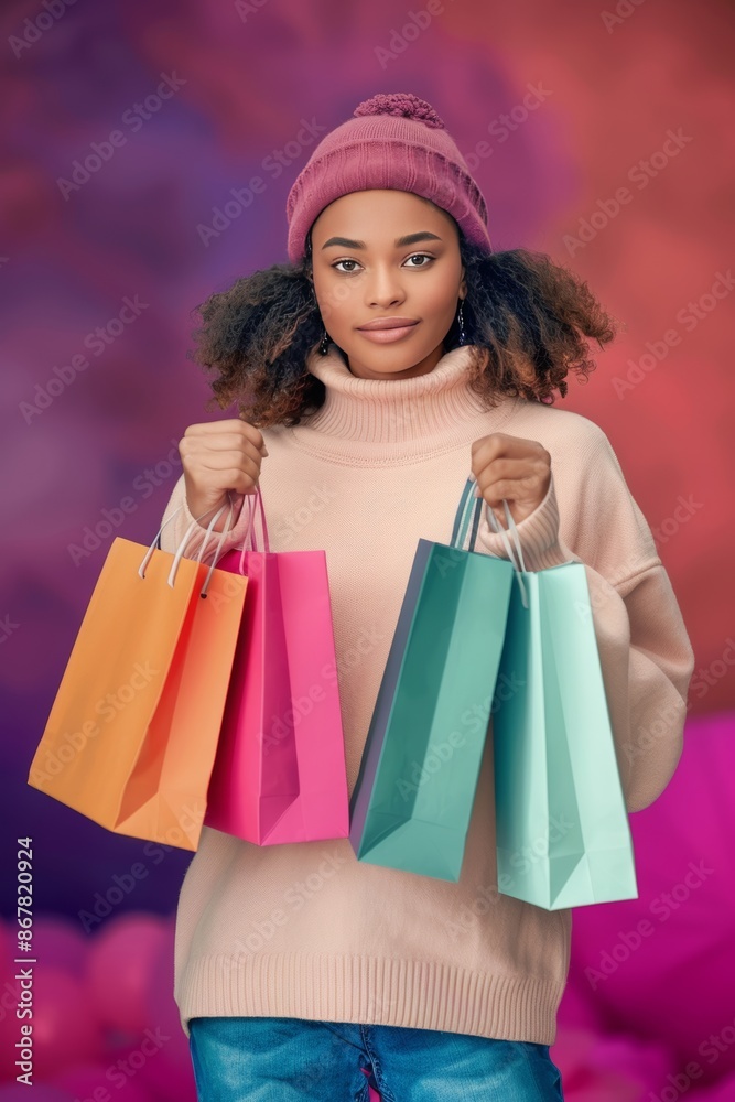 a lovely young black woman with pink hear, wearing warm clothes, is holding colorful shopping bags and smiling a lovely young black woman with pink hear, wearing warm clothes, is holding colorful shopping bags and smiling