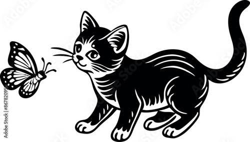A black and white cat is chasing a butterfly