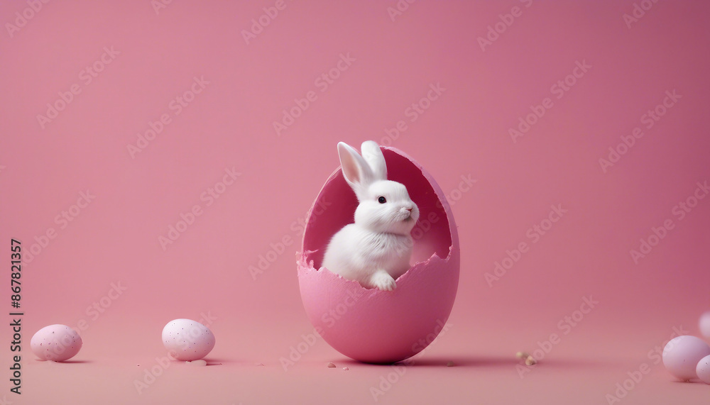 Precious Easter bunny with fluffy white fur and pink paws emerging from a cracked pink egg on a tranquil pastel pink backdrop with space for copy Precious Easter bunny with fluffy white fur and pink paws emerging from a cracked pink egg on a tranquil pastel pink backdrop with space for copy