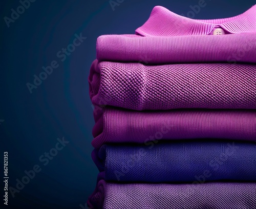 A neatly folded stack of four shirts, each in different shades of purple, is placed against a solid dark blue background, presenting a stylish and organized look. photo