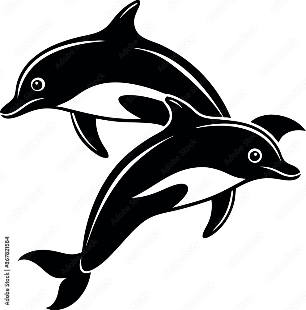 Fototapeta premium Two black and white dolphins are leaping out of the water