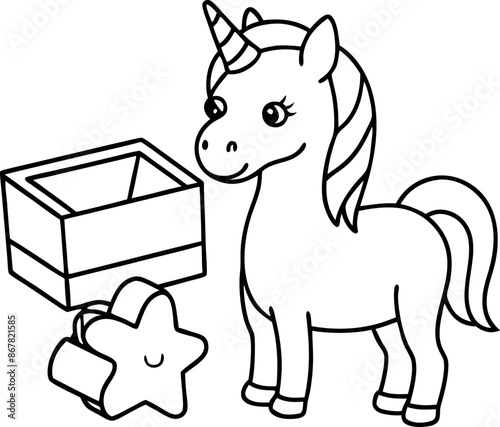 A unicorn is standing next to a box and a star