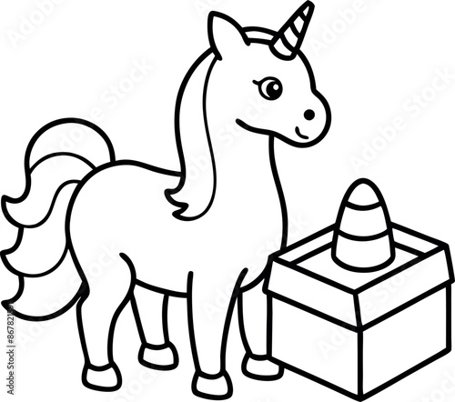 A unicorn is standing next to a box with a small orange object inside