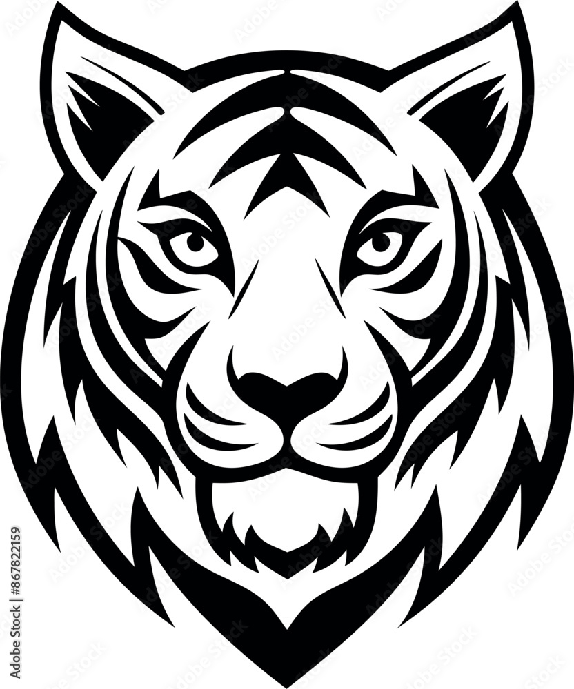 A black and white tiger head with a white stripe
