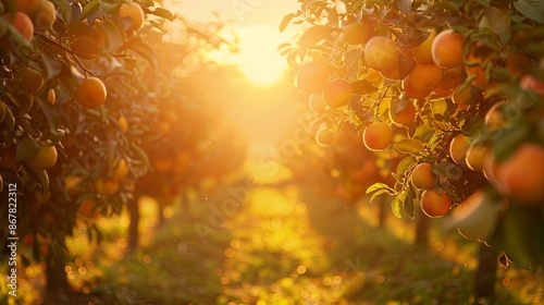 A close-up of ripe apples hanging from a tree branch in an orchard, with the setting sun creating a warm, golden glow. Generative AI