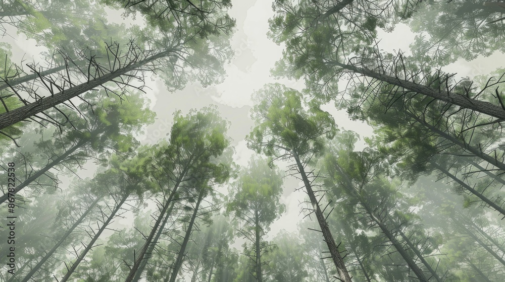 Naklejka premium Pine tree tops in the woodland