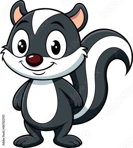 A cartoon skunk with a white stripe on its back is smiling