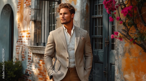 A stylish man stands confidently in a tailored suit amidst a charming, rustic alleyway, exuding elegance and sophistication. photo