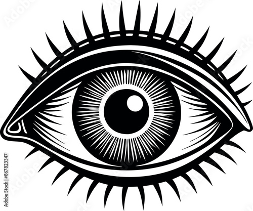 A close up of an eye with a black and white color scheme