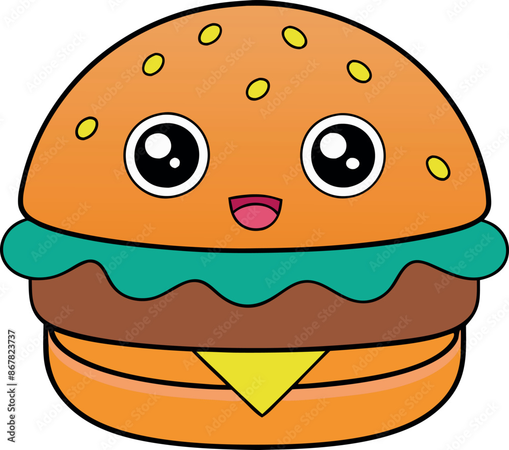 A cartoon burger with a green pickle on top and a yellow cheese slice A cartoon burger with a green pickle on top and a yellow cheese slice