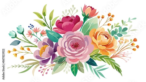 collection, Delicate watercolor painting of bouquet of flowers on white background, isolated and set against smart and clean composition that forms part of larger collection. photo
