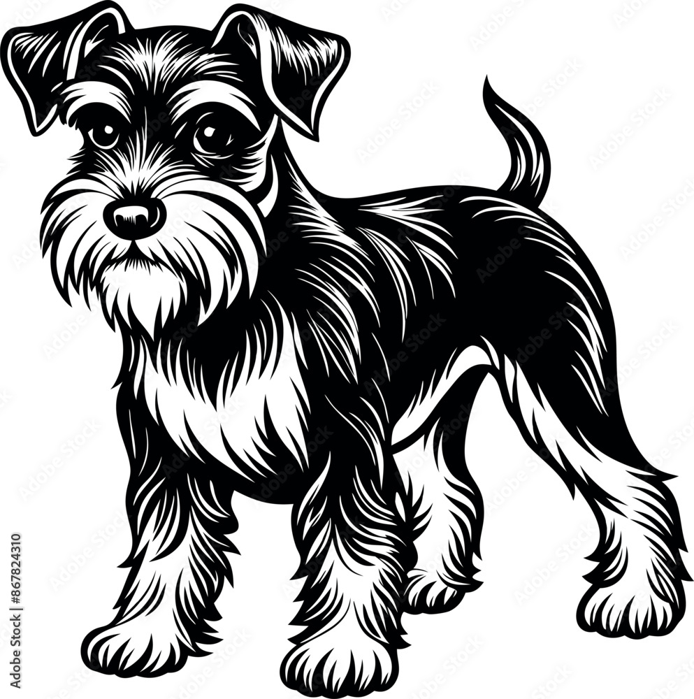 A black and white dog with a white muzzle stands in front of a white background A black and white dog with a white muzzle stands in front of a white background
