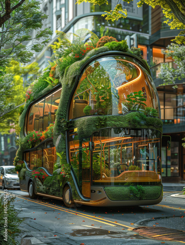 bus with a transparent glass body,  full of greenery inside and on the roof photo