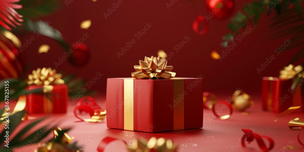 Festive red background with gift boxes. Happy New Year and Merry Christmas Festive red background with gift boxes. Happy New Year and Merry Christmas