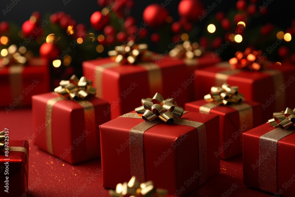 Gifts on the Christmas tree. Festive red background with gift boxes. Happy New Year and Merry Christmas Gifts on the Christmas tree. Festive red background with gift boxes. Happy New Year and Merry Christmas