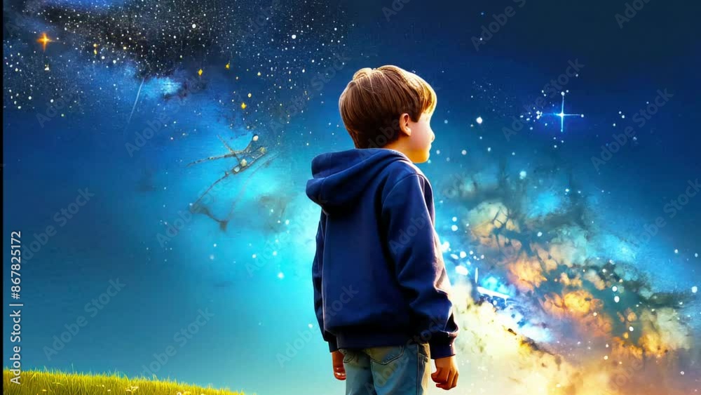 A little cute boy looks hopefully into the starry night sky, a little dreamer and inventor. A little cute boy looks hopefully into the starry night sky, a little dreamer and inventor.