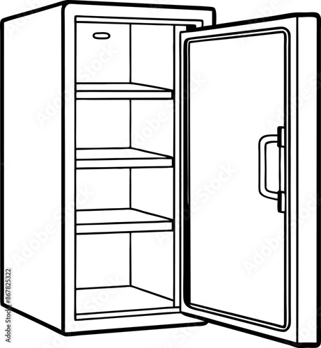 A refrigerator is open and empty