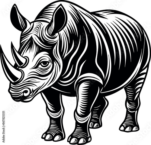 A rhino with its horn raised is the main focus of the image