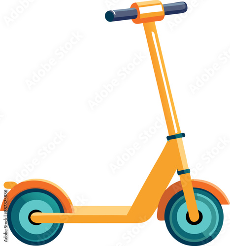 A yellow scooter with a blue handlebar