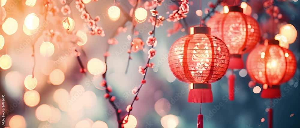 Chinese New Year Festival Background. Chinese New Year we were also known as the Spring Festival and Japanese style particles, bokeh, and fireworks on a red background. Seamless loop 4k Chinese New Year Festival Background. Chinese New Year we were also known as the Spring Festival and Japanese style particles, bokeh, and fireworks on a red background. Seamless loop 4k