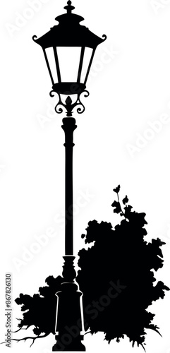A black and white drawing of a street lamp with a bush in front of it