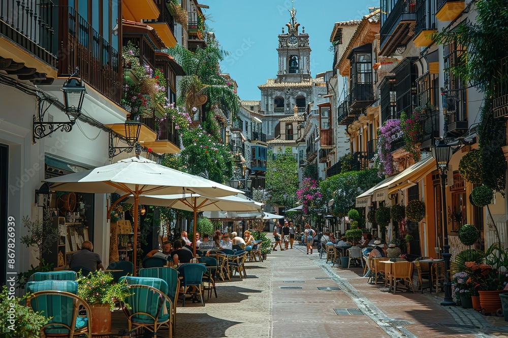 Fototapeta premium A street with many tables and chairs, and people sitting and eating