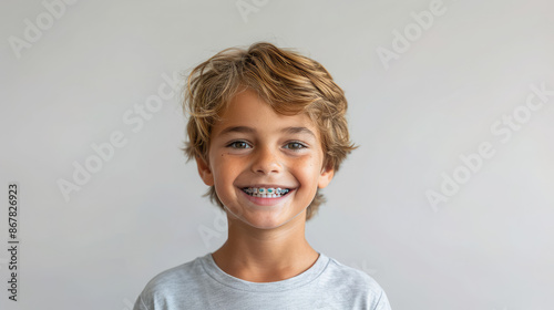 small smiling child with metal braces on teeth, orthodontist, dentist, oral cavity, mouth, kid, baby, portrait, face, smile, tooth, health, straight, bite, treatment, person, boy, white background