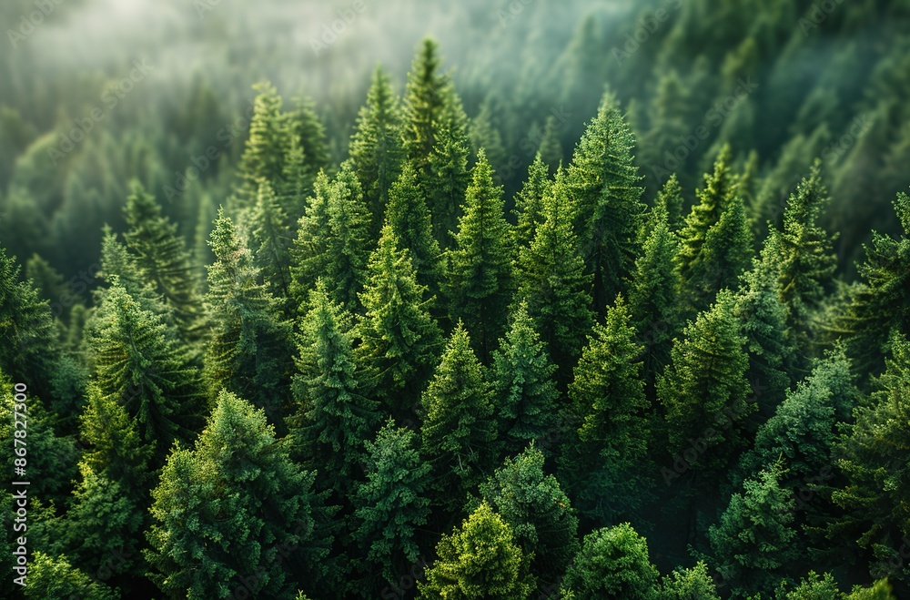 A forest of green trees with a misty atmosphere A forest of green trees with a misty atmosphere