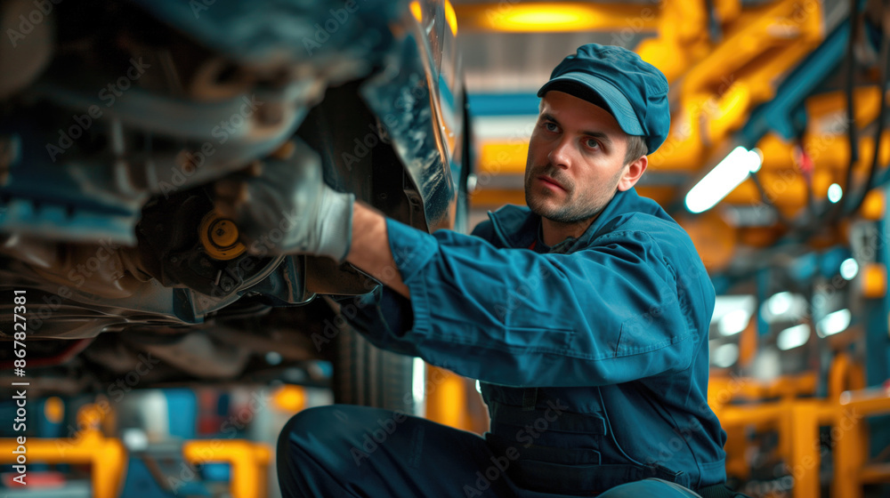 Mechanic working on a car in an auto repair shop. Skilled mechanic in focused on repairing a vehicle. Automotive industry marketing, repair service promotions, and professional work backgrounds. Mechanic working on a car in an auto repair shop. Skilled mechanic in focused on repairing a vehicle. Automotive industry marketing, repair service promotions, and professional work backgrounds.