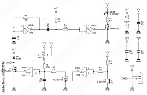 Schematic diagram of electronic device on sheet of paper. Vector drawing electrical circuit with logic gate of integrated circuit, resistor, capacitor, diode, transistor, other components.