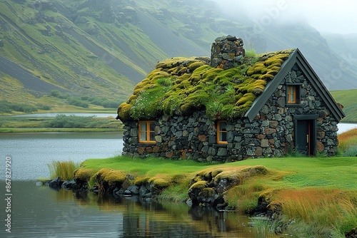 A small house with a green roof sits on a grassy hillside next to a lake