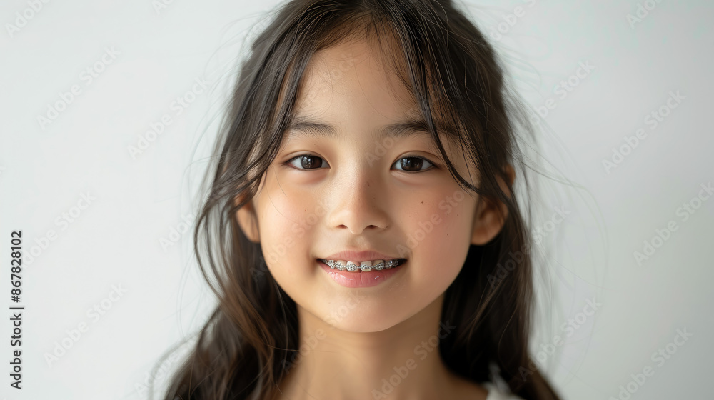 small smiling asian child with metal braces on teeth, orthodontist, dentist, oral cavity, mouth, kid, baby, portrait, face, tooth, health, straight, bite, treatment, white background, korean girl small smiling asian child with metal braces on teeth, orthodontist, dentist, oral cavity, mouth, kid, baby, portrait, face, tooth, health, straight, bite, treatment, white background, korean girl
