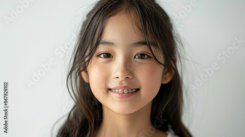 small smiling asian child with metal braces on teeth, orthodontist, dentist, oral cavity, mouth, kid, baby, portrait, face, tooth, health, straight, bite, treatment, white background, korean girl