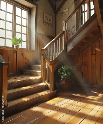 a wooden staircase leading to a second floor photo