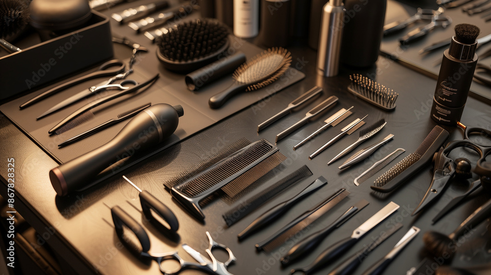 A neatly organized array of grooming tools, including scissors, brushes, and clippers, on a professional salon table. Ideal for barbershop and hair salon advertisements. A neatly organized array of grooming tools, including scissors, brushes, and clippers, on a professional salon table. Ideal for barbershop and hair salon advertisements.