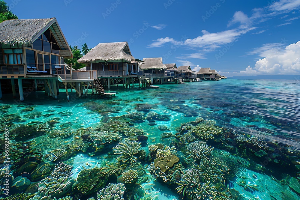 A coastal eco-resort with overwater bungalows and a coral reef ...