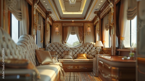 luxurious train car featuring a cozy couch and an elegant desk, perfect for relaxing and working while traveling in style.