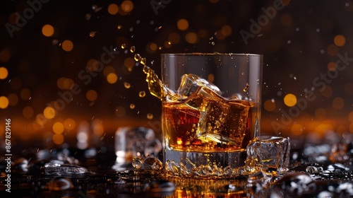 A chilled glass of bourbon on the rocks, the ice cubes slowly melting and releasing a subtle aroma photo