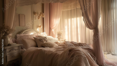 Vintage-Inspired Romantic Bedroom with Canopy Bed and Ambient Lighting © Muhammad