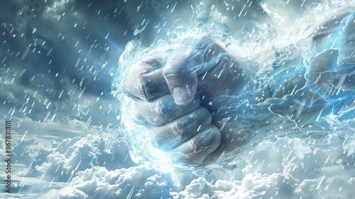 powerful clenched fist of god emerges from ominous storm clouds, symbolizing strength and determination in the face of chaos.