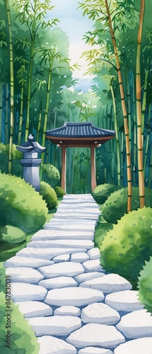 A picturesque watercolor of Kyotos bamboo forest and historic shrines, Japanese, Watercolor, Soft pastels, Tranquil photo