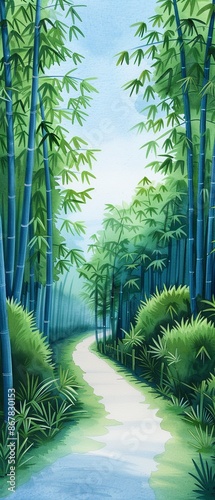 A picturesque watercolor of Kyotos bamboo forest and historic shrines, Japanese, Watercolor, Soft pastels, Tranquil photo