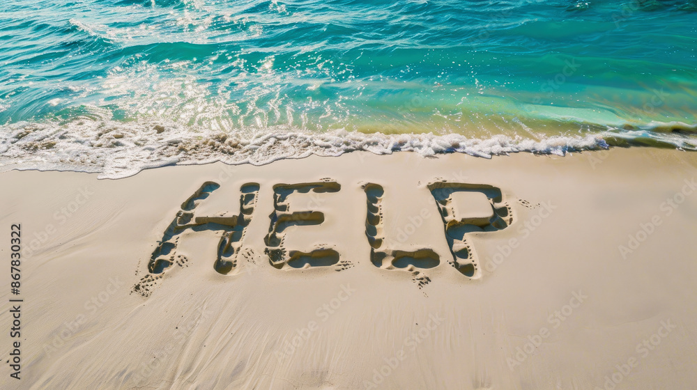 Fototapeta premium Deserted beach of uninhabited tropical island, sand with inscription HELP from lost in sea. Aerial view of empty ocean shore. Concept of shipwreck, sos, castaway, message