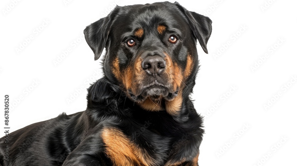 Rottweiler sitting in front of white background aged 5 Rottweiler sitting in front of white background aged 5