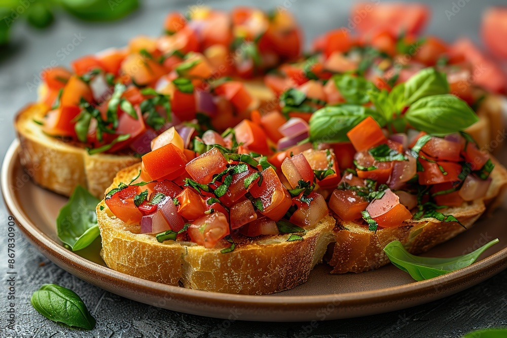 A plate of bread with tomato and basil on top A plate of bread with tomato and basil on top